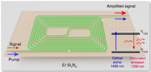Schematic of silicon nitride photonic integrated circuit-based Erbium-doped waveguide amplifier. [EPFL]